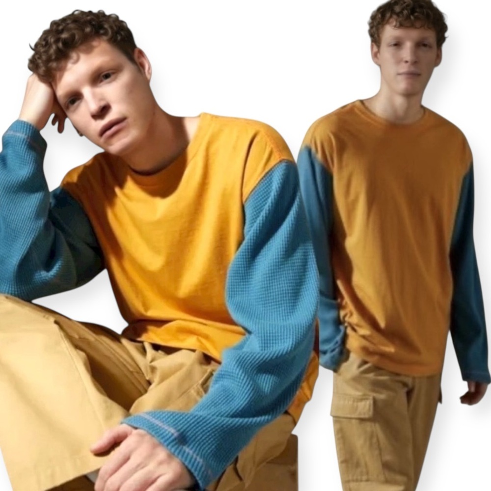 BDG Colorblock Oversized Long Waffle Sleeve Shirt